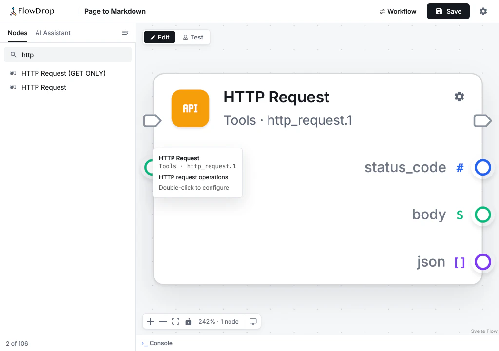 The HTTP Request node on the canvas, zoomed in so far that it fills the view