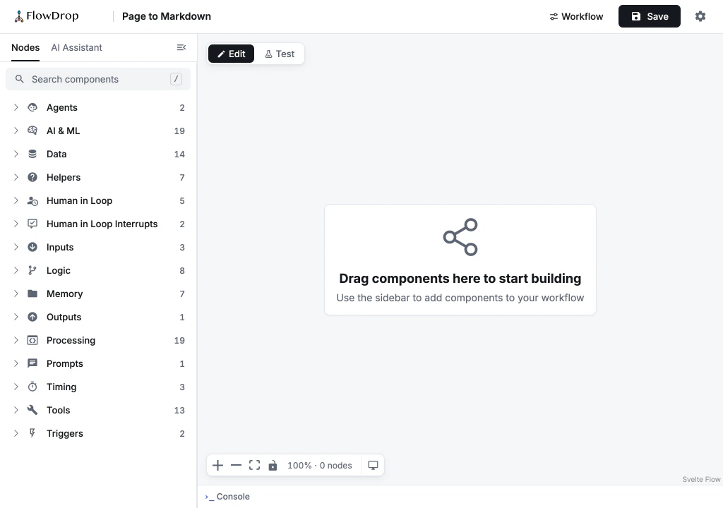 The editor with an empty canvas and the node list in the sidebar