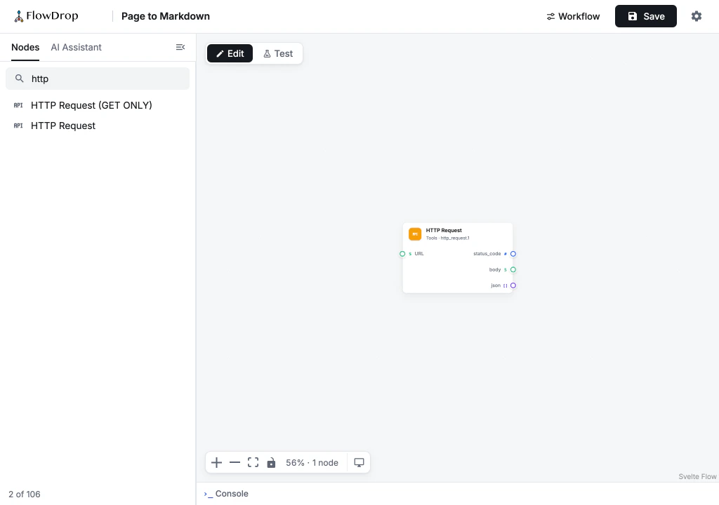 The canvas zoomed out, with the HTTP Request node small in the middle