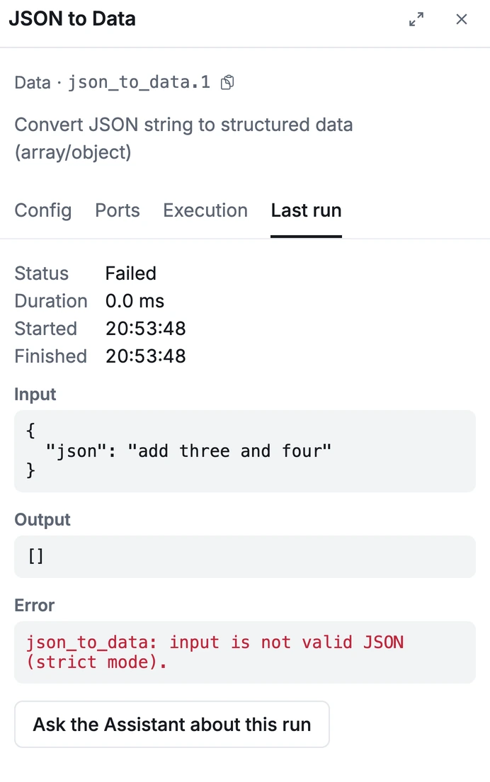 The failed node's Last run tab: status Failed, the input text, the error message, and a button labelled Ask the Assistant about this run