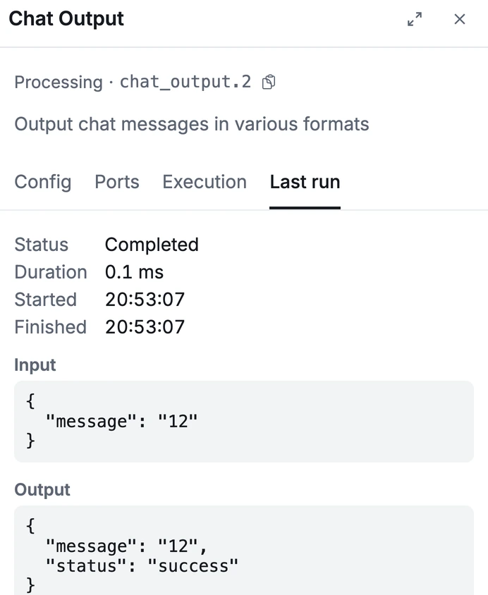 A node's Last run tab: status Completed, duration, start and finish times, and the JSON input and output
