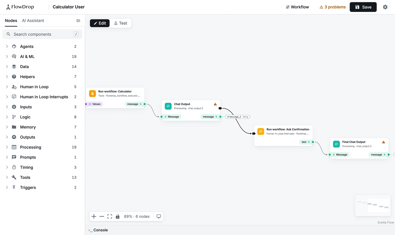 Edit mode. The node library on the left and a clean canvas, ready to build.