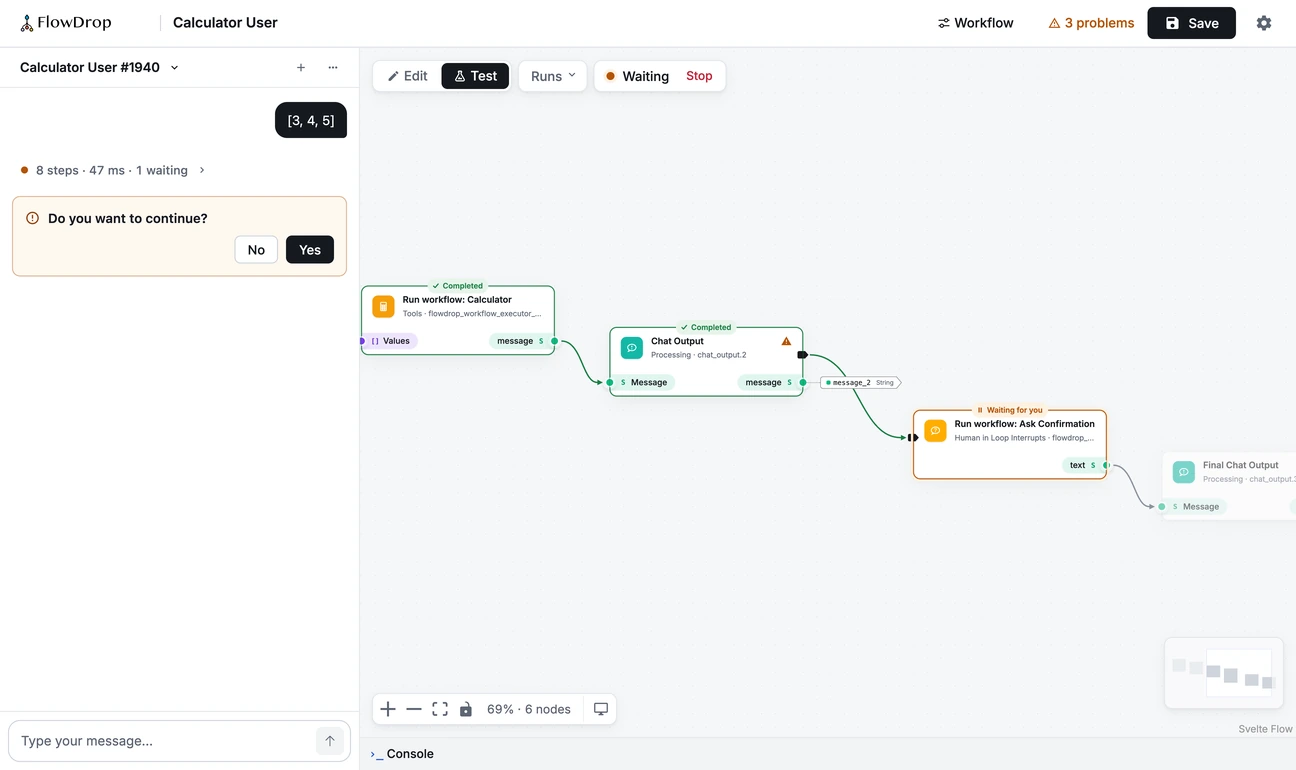 Test mode. The Playground sits where the node library was, and every node shows how the run went.