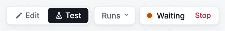 The canvas toolbar: the Edit and Test switch with Test selected, a Runs menu, and a run pill reading Waiting with a Stop button